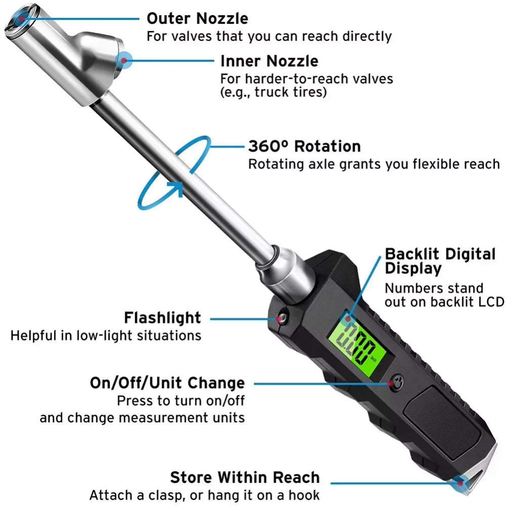 Manómetro digital de neumáticos 230 PSI 4 configuraciones resistente antideslizante con linterna LCD retroiluminada para camión/coche/bicicleta/motocicletas