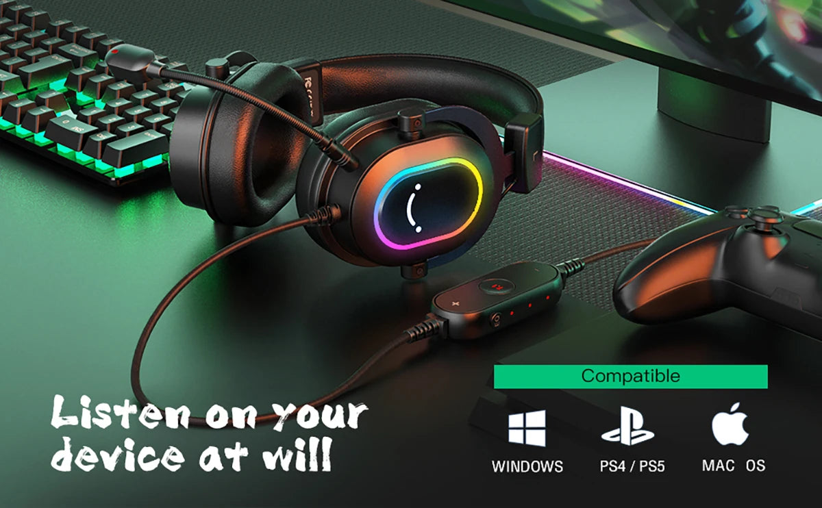 Fifine-auriculares dinámicos RGB para videojuegos, cascos supraaurales con micrófono, sonido envolvente 7,1, PC, PS4, PS5, 3 opciones EQ, juego, película, música