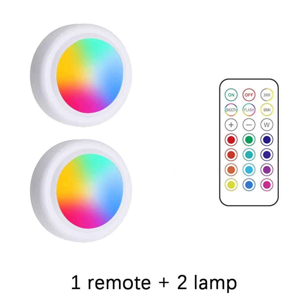 Luces LED RGB para debajo del gabinete con Control remoto, lámpara nocturna regulable inalámbrica alimentada por batería, luces LED para luz de armario del hogar