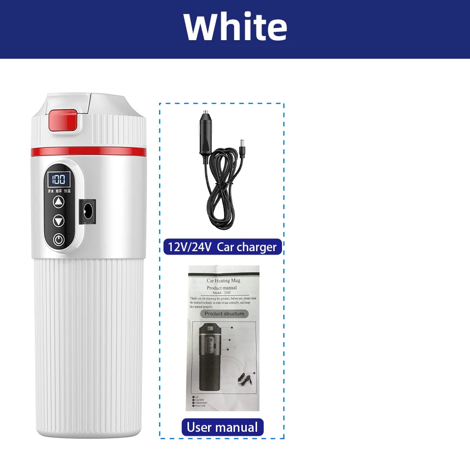 Tetera con taza calefactora eléctrica de 12V/24V y 500ML, botella con calentador de agua de acero inoxidable 304, apagado automático, taza de ebullición rápida para coche de viaje
