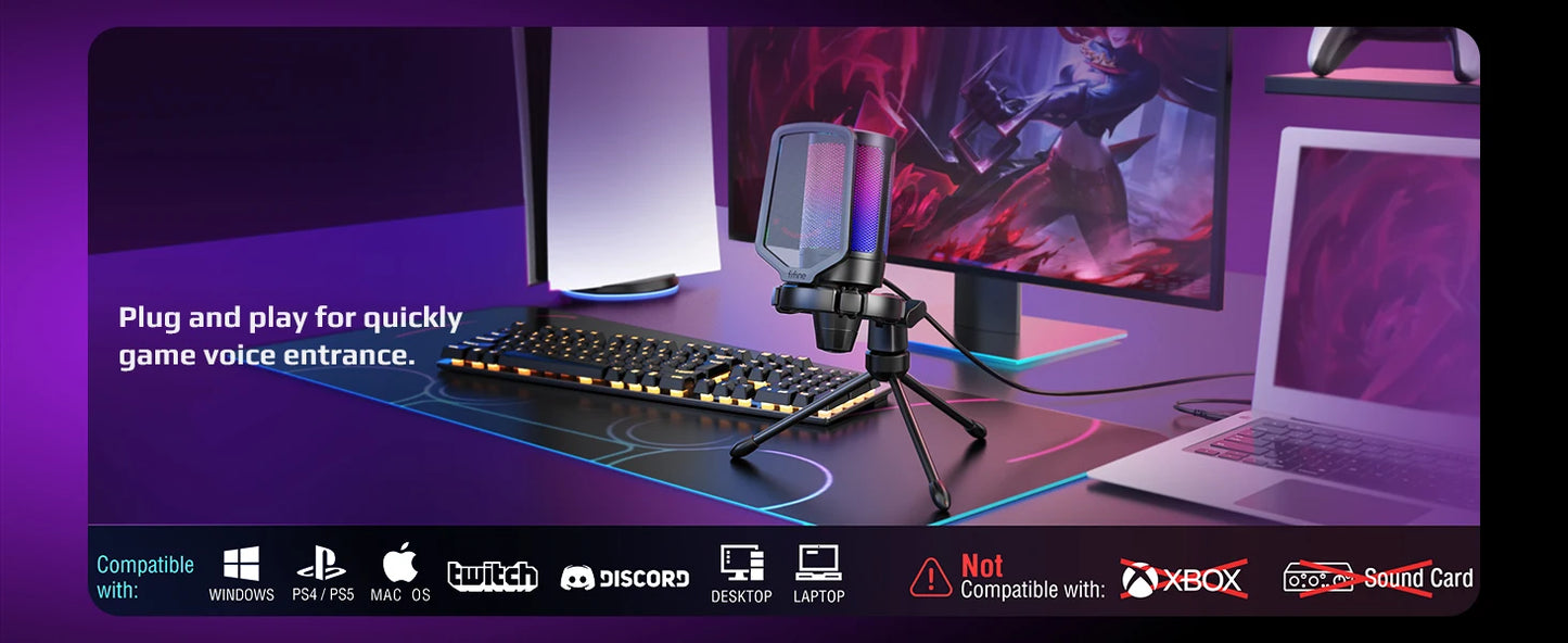 FIFINE Micrófono de condensador USB para juegos, para PC PS4 PS5 MAC con soporte de choque y filtro pop y control de ganancia para podcasts, Ampligame A6V