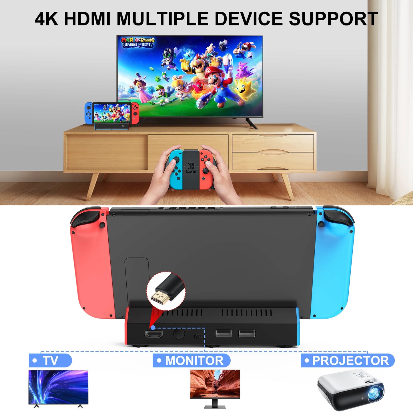 Base de estación de carga portátil con adaptador HDMI 4K/USB 2.0/puerto tipo C para Nintendo Switch OLED Dock