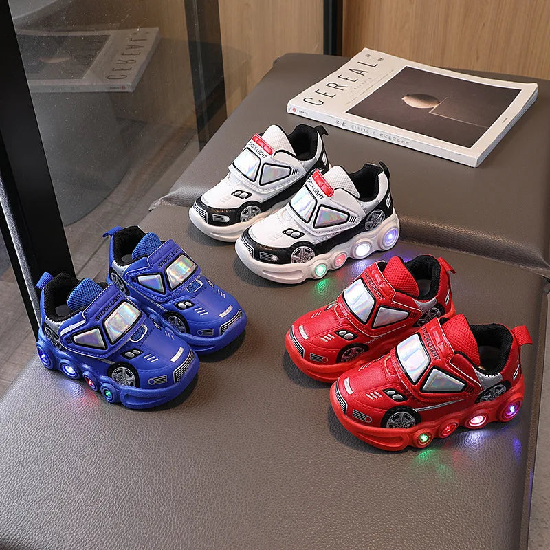 Diseny, zapatos informales para niños, zapatos de primavera de cuero PU con dibujos animados para Club de coches con luz Led para niños, zapatos antideslizantes rojos y azules, talla 21-30