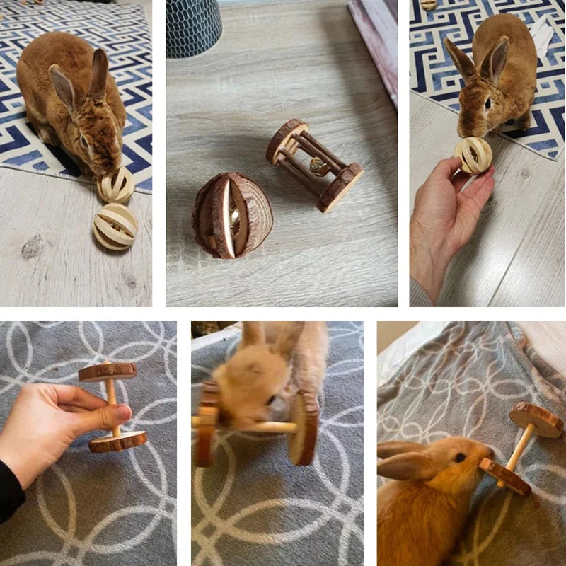 conejillo de indias, conejo, hámster, Animal PEQUEÑO, juguetes con rodillo para mascotas, mancuernas de pino de madera Natural, monociclo, campana para masticar, bola trenzada