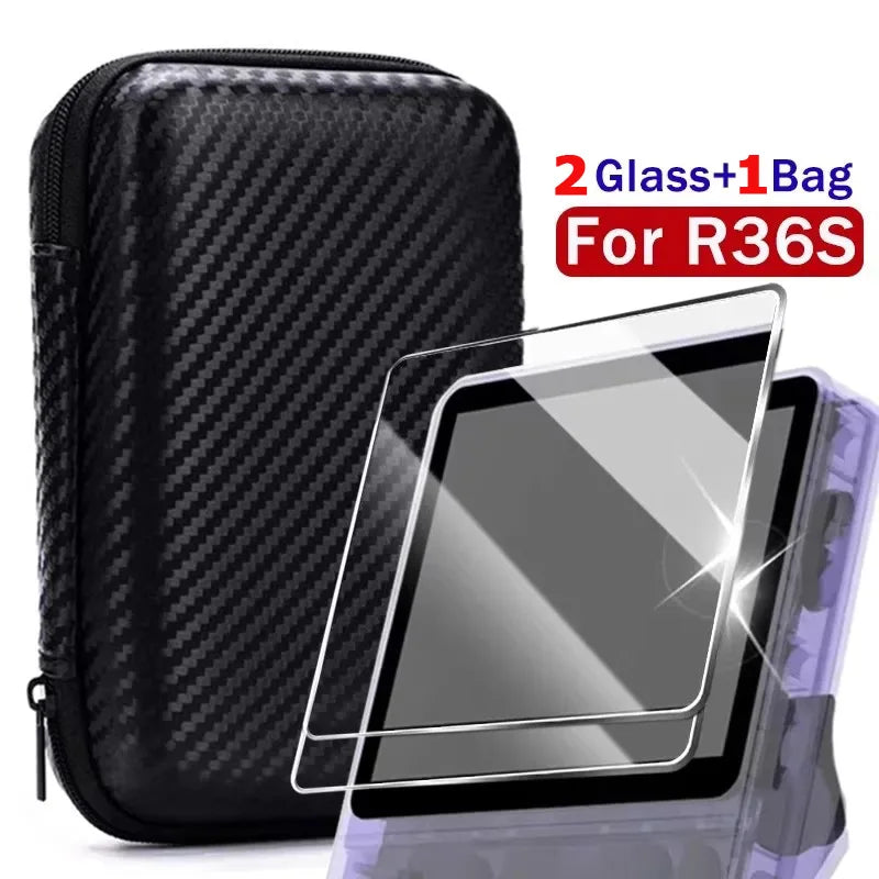 Estuche de almacenamiento 4 en 1 para consola de juegos, bolsa de transporte de viaje, protectores de pantalla, película de vidrio templado para accesorios R36S R36MAX K36