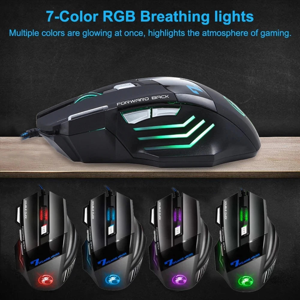 Ratón para juegos por cable, ratón de ordenador para Gamer, ratón ergonómico retroiluminado RGB, retroiluminación silenciosa, ratón LED de 7 botones, ratón USB para PC de escritorio