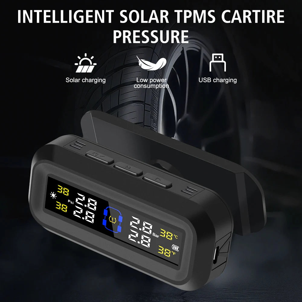 Pantalla LCD Digital, sistema de supervisión de presión de neumáticos, alarma de seguridad automática, Monitor de temperatura de neumáticos alimentado por USB Solar, TPMS para coche