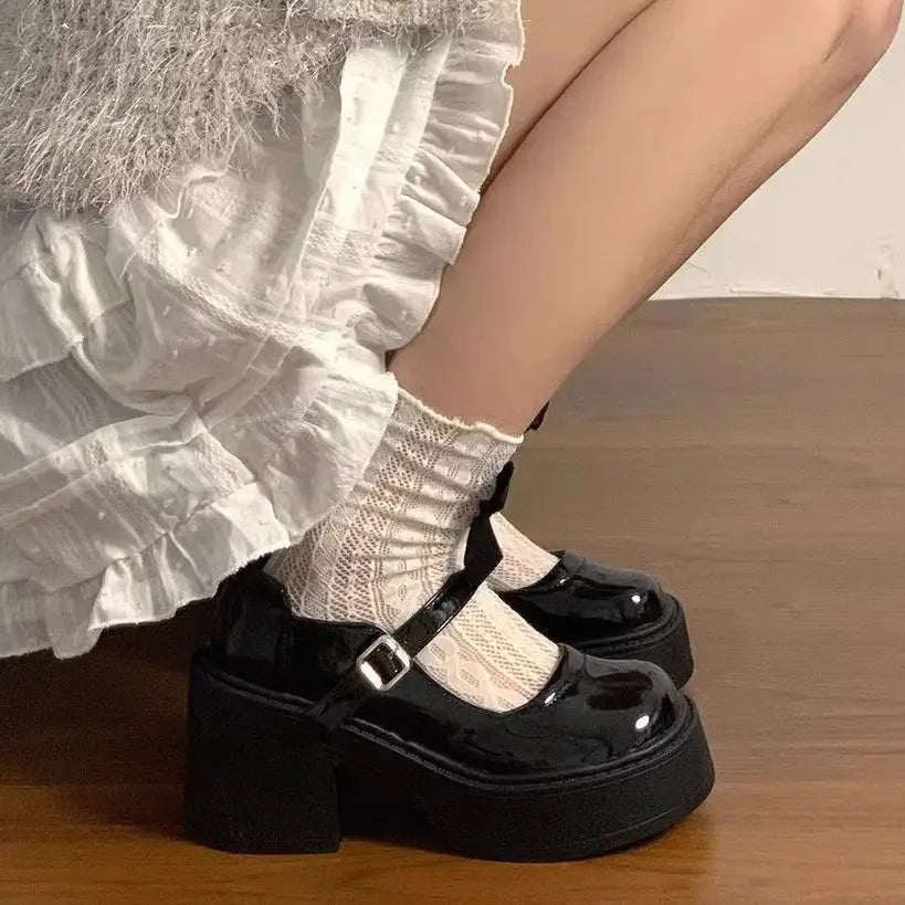 Botines gruesos negros con plataforma para mujer, zapatos Mary Jane cortos, elegantes con tacones medios, botines Lolita para mujer, botas Y2k en oferta
