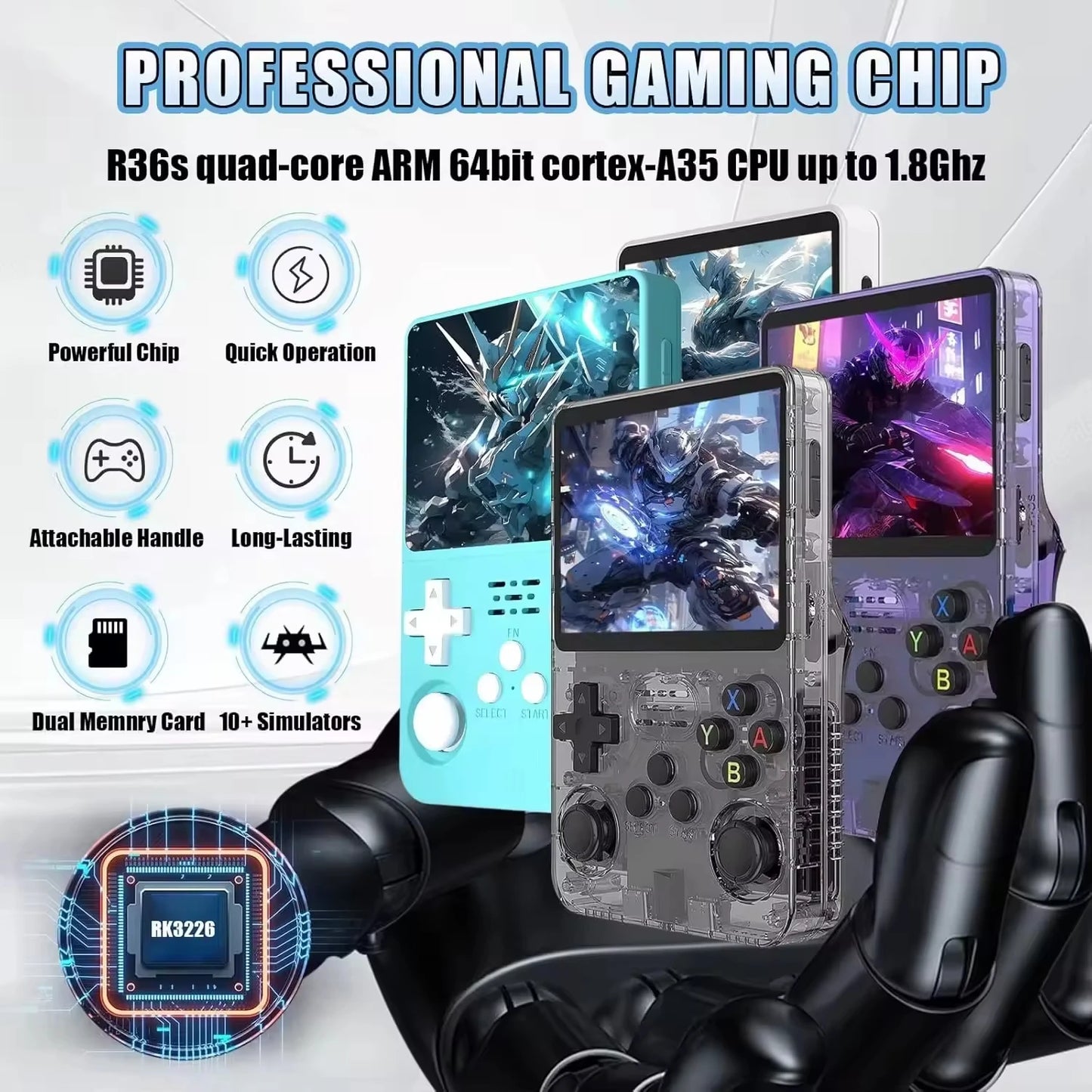 Consola de videojuegos portátil R36S, almacenamiento de pantalla IPS de 3,5 pulgadas, biblioteca de juegos 20000, sistema Arkos Linux, reproductor de bolsillo portátil