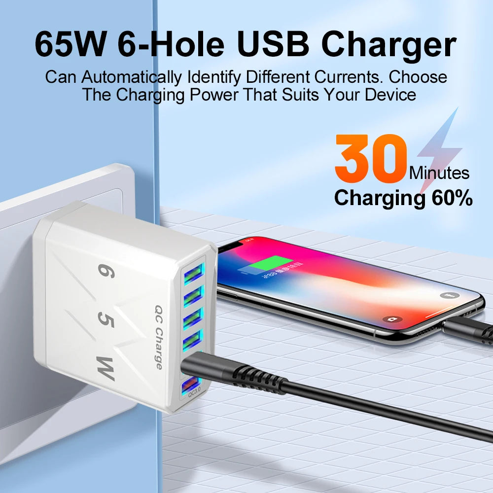 Cargador USB de 6 puertos de carga rápida, adaptador de teléfono móvil para iPhone 14, Samsung, Xiaomi, enchufe de la UE, KR, EE. UU., Reino Unido, 65W, QC3.0