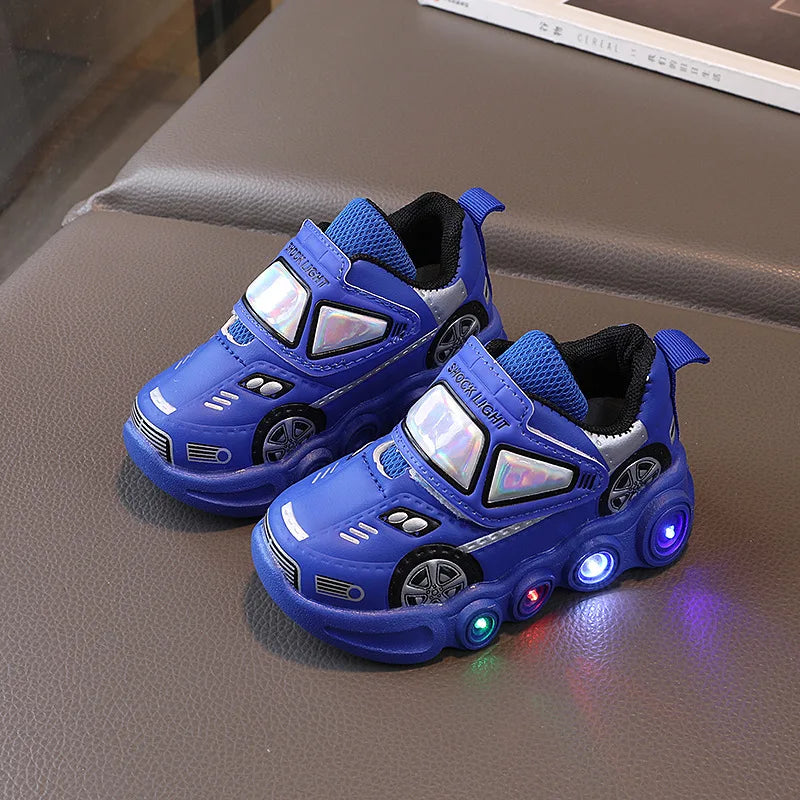 Diseny, zapatos informales para niños, zapatos de primavera de cuero PU con dibujos animados para Club de coches con luz Led para niños, zapatos antideslizantes rojos y azules, talla 21-30
