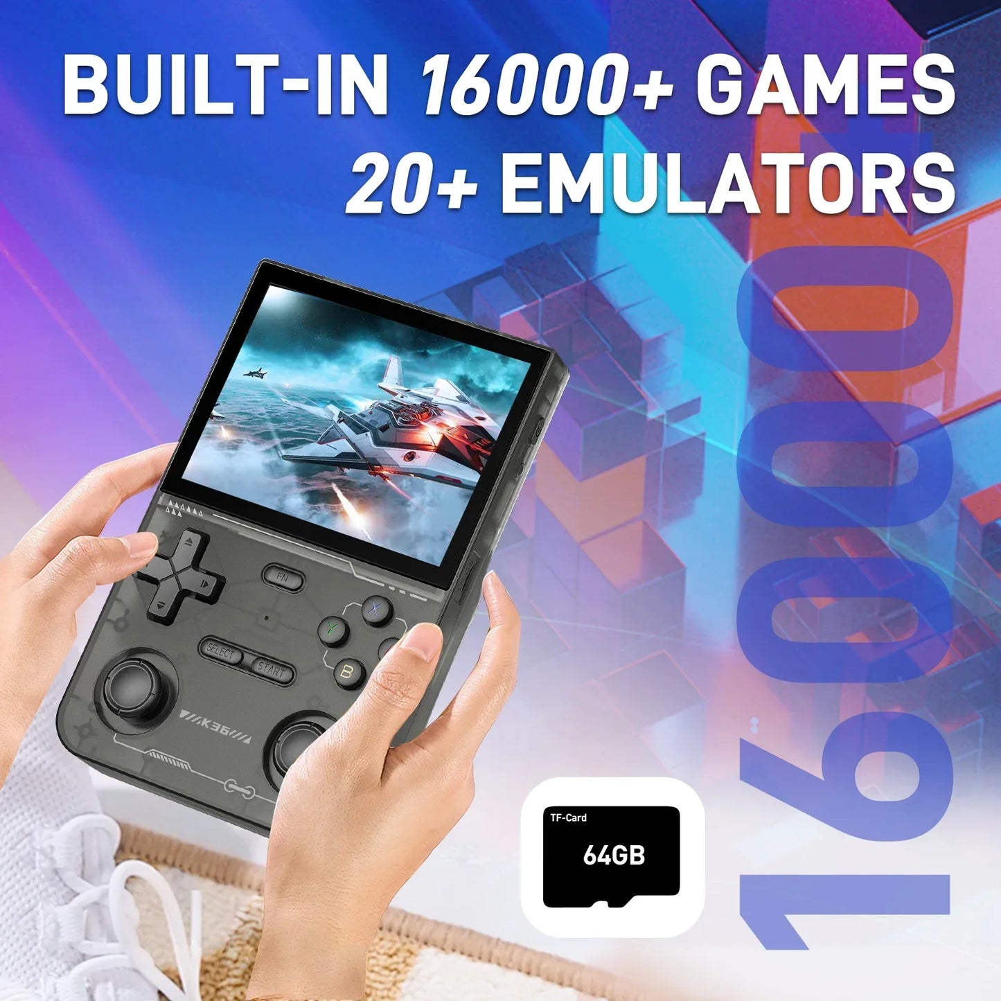 Consola de juegos portátil GAMINJA K36 con pantalla IPS de 3,5 pulgadas, memoria de 64GB, juegos clásicos, consola de juegos portátil de código abierto