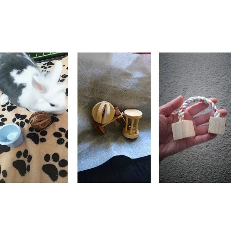 conejillo de indias, conejo, hámster, Animal PEQUEÑO, juguetes con rodillo para mascotas, mancuernas de pino de madera Natural, monociclo, campana para masticar, bola trenzada