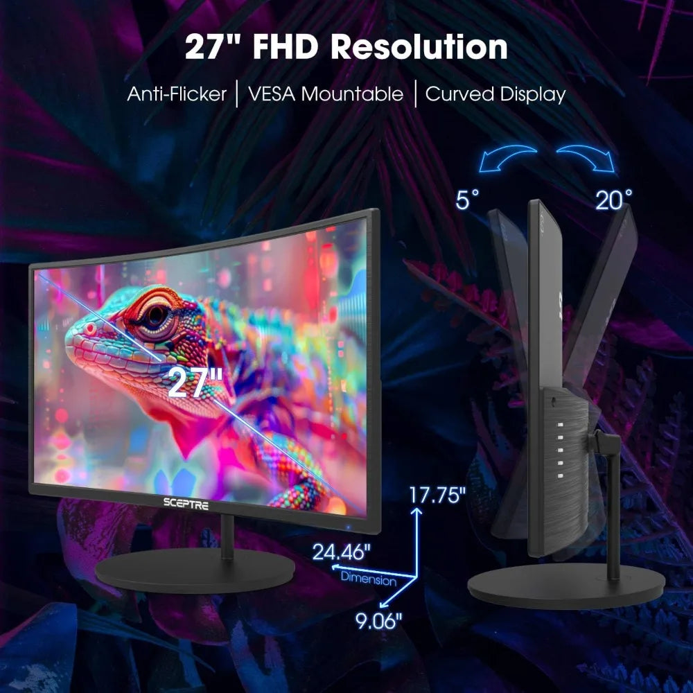 Monitor LED curvo de 27" FHD 1080p 75 Hz Altavoces integrados HDMI VGA, sin bordes Metal Negro 2019