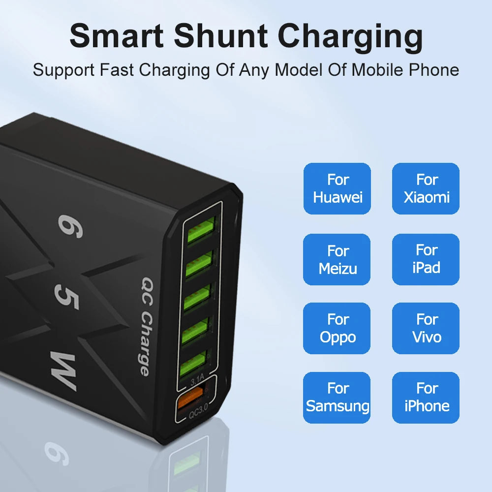 Cargador USB de 6 puertos de carga rápida, adaptador de teléfono móvil para iPhone 14, Samsung, Xiaomi, enchufe de la UE, KR, EE. UU., Reino Unido, 65W, QC3.0