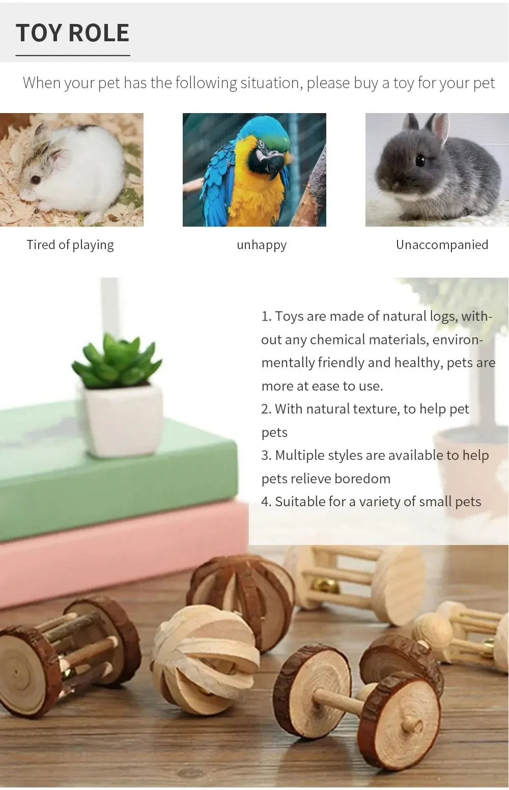 conejillo de indias, conejo, hámster, Animal PEQUEÑO, juguetes con rodillo para mascotas, mancuernas de pino de madera Natural, monociclo, campana para masticar, bola trenzada