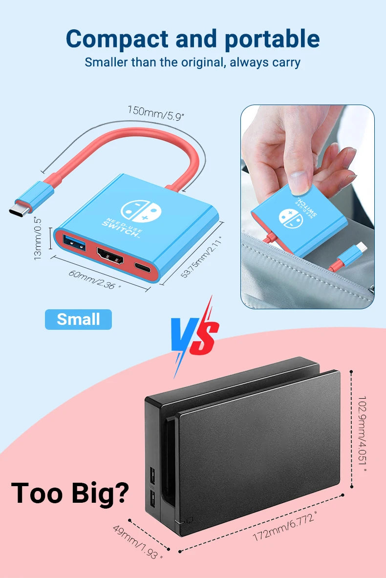 Estación de acoplamiento para juegos portátil Hub TYPE-C con HDMI y USB 3.0 Perfecto para viajes y juegos