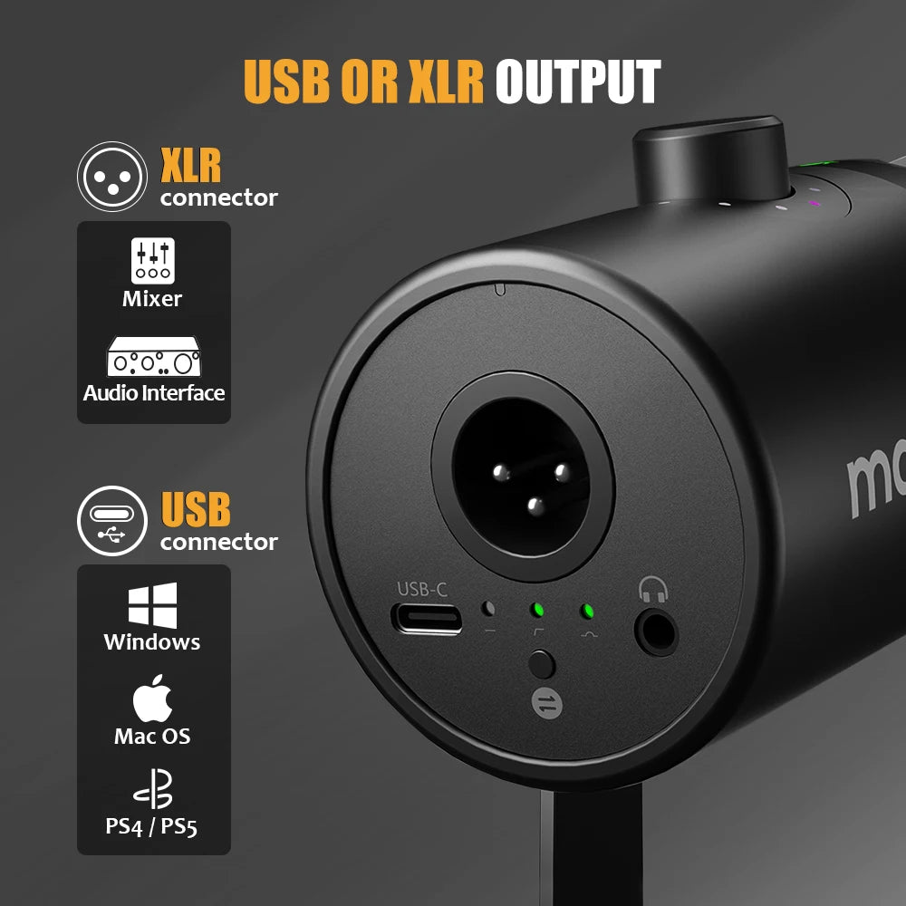 Maono USB/XLR Micrófono dinámico profesional Todo de metal con ganancia de silencio de un toque Conector para auriculares y control de volumen para Podcasting Live Streaming Youtube PD400X