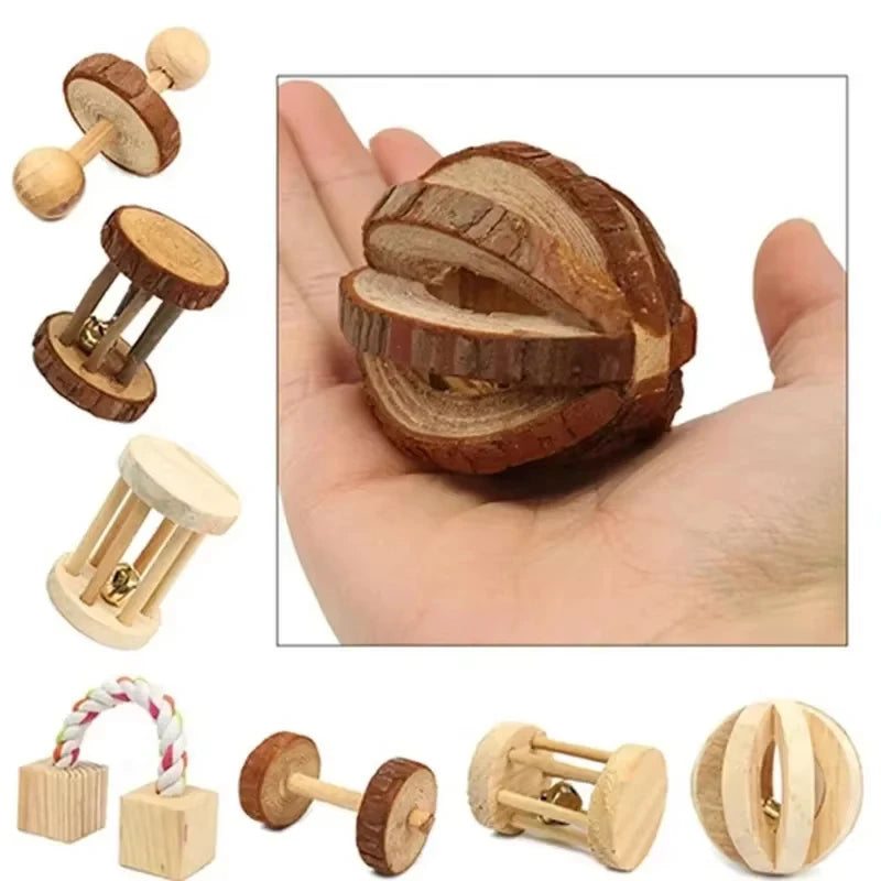 conejillo de indias, conejo, hámster, Animal PEQUEÑO, juguetes con rodillo para mascotas, mancuernas de pino de madera Natural, monociclo, campana para masticar, bola trenzada