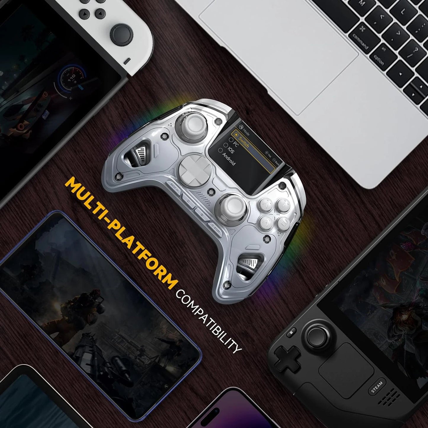 Controlador de juegos inalámbrico con pantalla interactiva para Switch/PC/iOS/Android, palo de efecto Hall, luz RGB de 1800mAh con base de carga