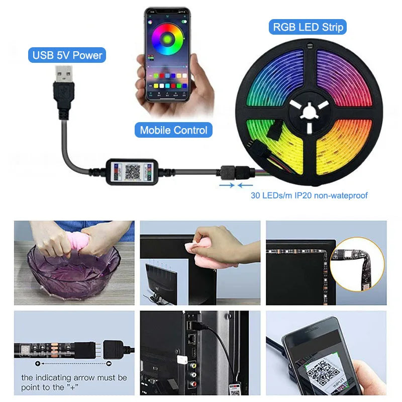 Tira de luces LED RGB con Bluetooth, USB, 5V, controlador 5050, 1M, 2M, 3M, 4M, 5M, lámpara de diodo Flexible, cinta de luces, iluminación de fondo de TV