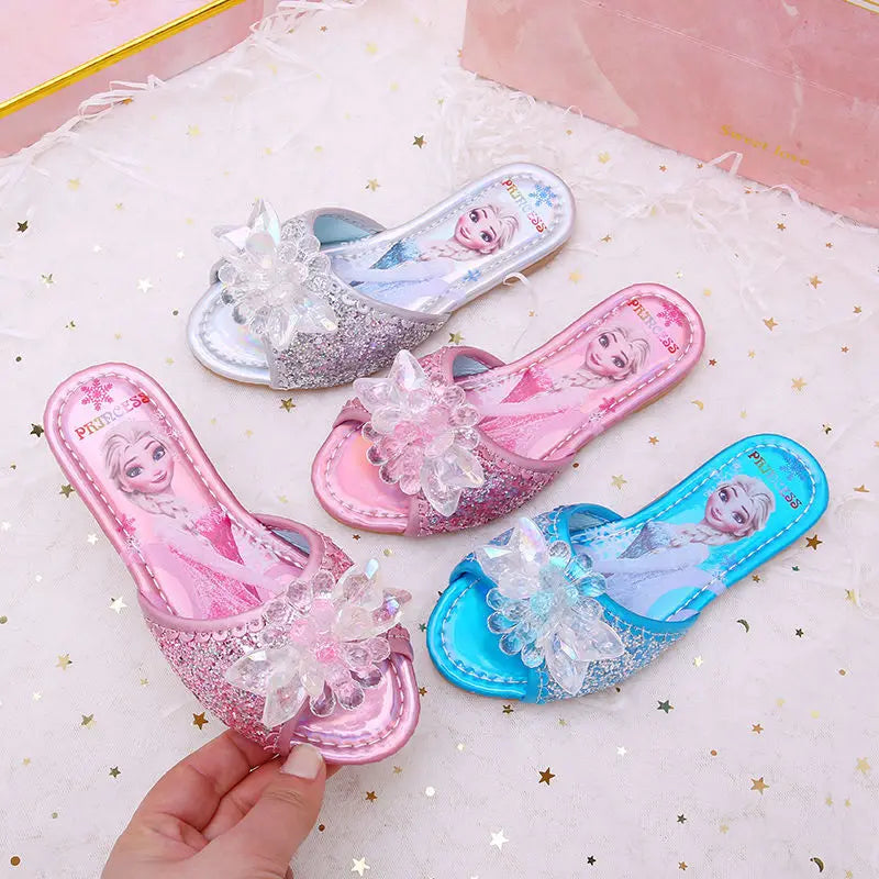Sandalias Disney para niños, zapatillas de Frozen, zapatos de princesa Elsa a la moda, sandalias antideslizantes con flores de cristal, color azul, rosa y plateado
