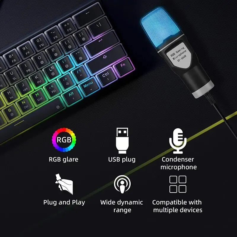 Micrófono USB portátil, micrófono RGB, condensador, micrófono para juegos con cable para estudio de grabación de Podcast, Streaming, portátil y de escritorio