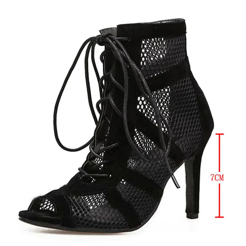 Zapatos negros sexis con cordones cruzados para mujer, cómodos tacones finos de alta calidad, sandalias de baile con punta abierta, zapatos de tacón calados con correa en el tobillo