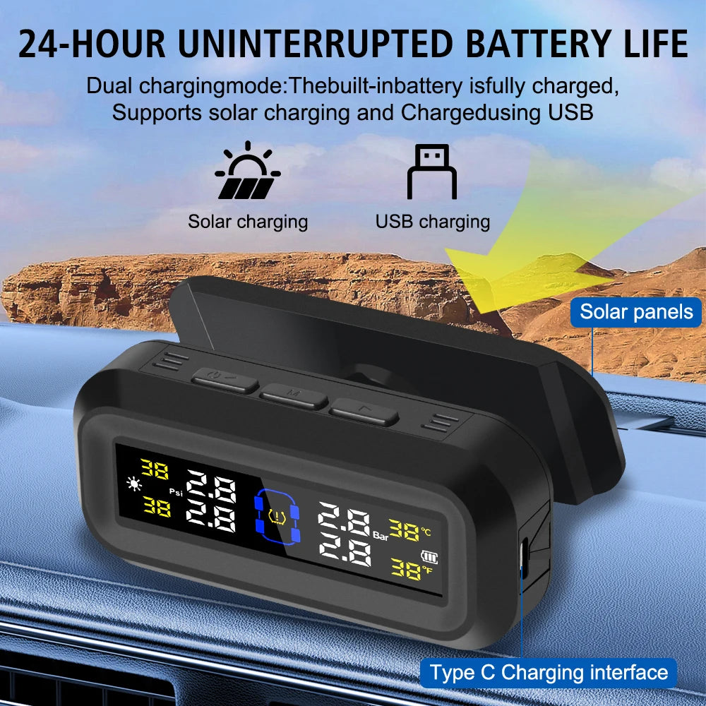 Pantalla LCD Digital, sistema de supervisión de presión de neumáticos, alarma de seguridad automática, Monitor de temperatura de neumáticos alimentado por USB Solar, TPMS para coche