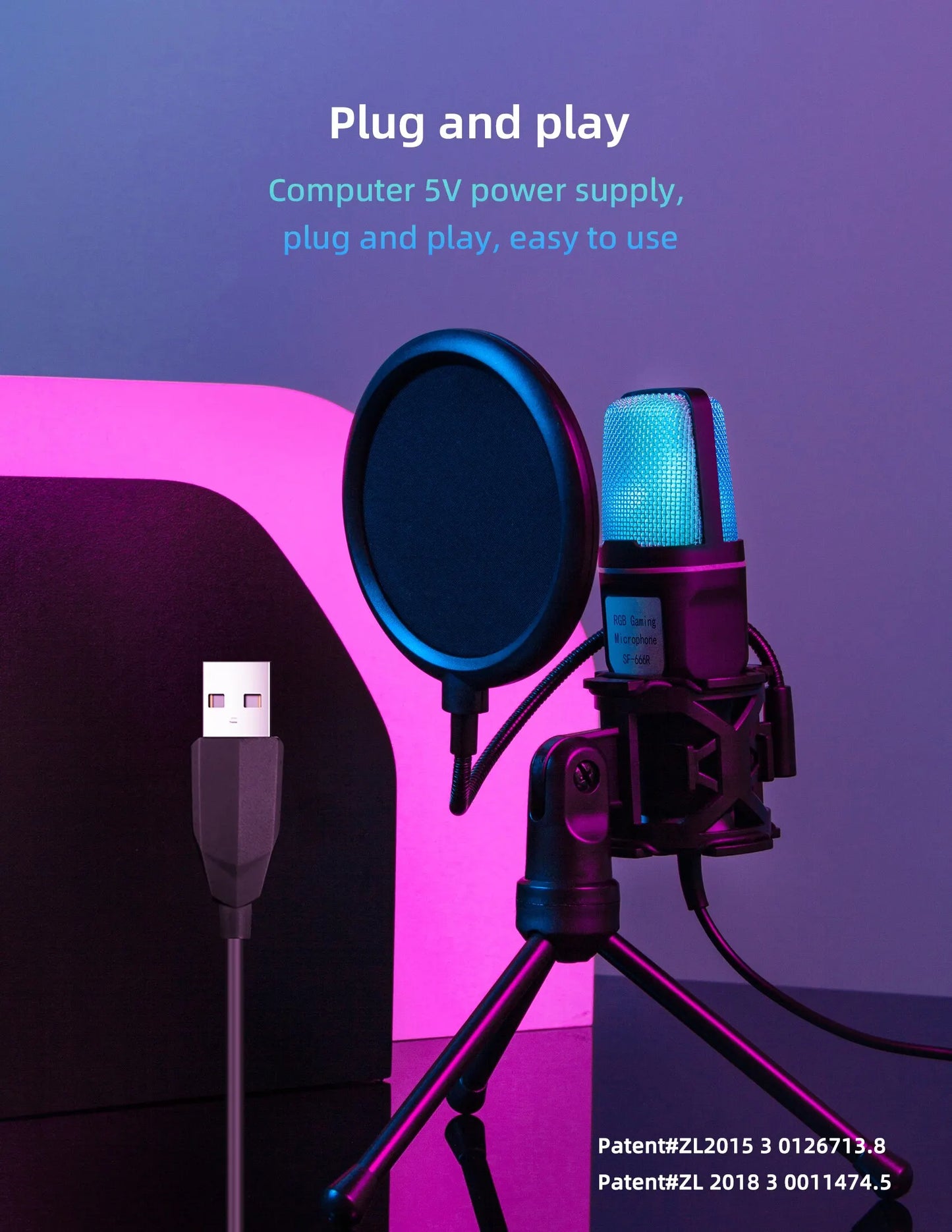 Micrófono USB portátil, micrófono RGB, condensador, micrófono para juegos con cable para estudio de grabación de Podcast, Streaming, portátil y de escritorio
