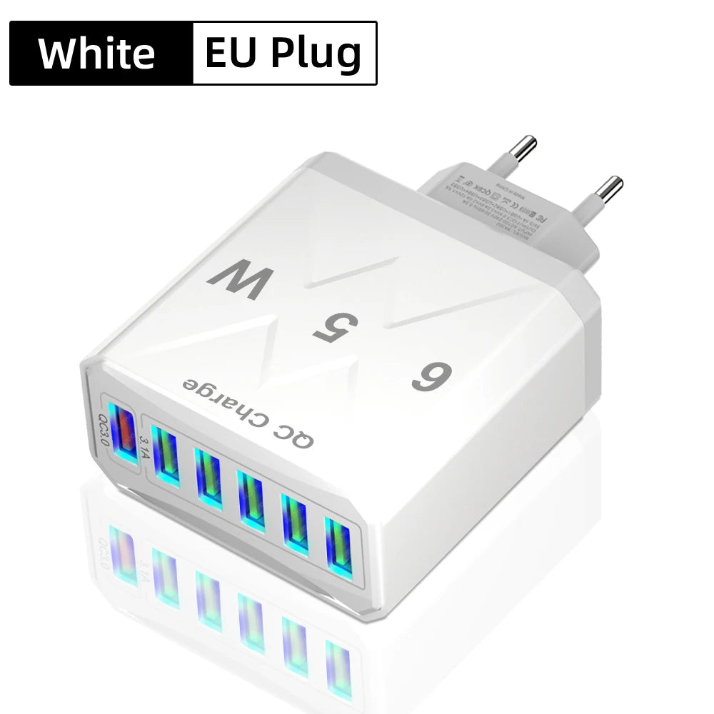 Cargador USB de 6 puertos de carga rápida, adaptador de teléfono móvil para iPhone 14, Samsung, Xiaomi, enchufe de la UE, KR, EE. UU., Reino Unido, 65W, QC3.0