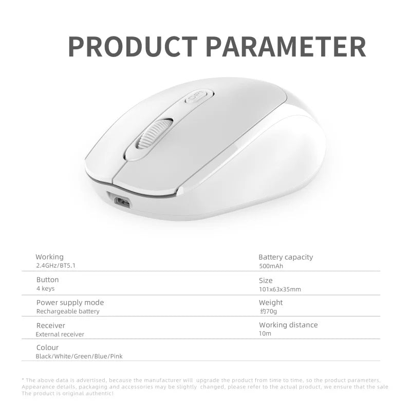 Ratón inalámbrico recargable compatible con Bluetooth, ratón óptico de 2,4G con USB RGB de 1600DPI para ordenador, portátil, PC, silencioso