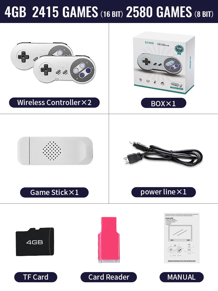 Consola De videojuegos Retro SF900, palo De juego HD con 4900 juegos para controlador inalámbrico SNES, Consolas De videojuegos De 16 bits para NES