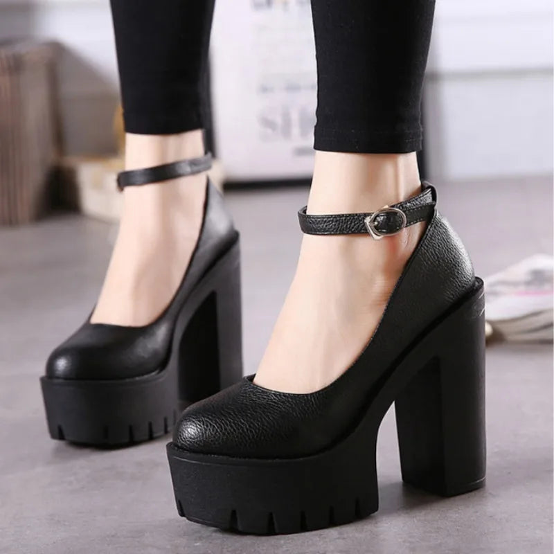 Zapatos sexis de suela gruesa para mujer, tacones altos de 14CM, hebilla de moda europea americana, tacones de plataforma para mujer, zapatos de novia