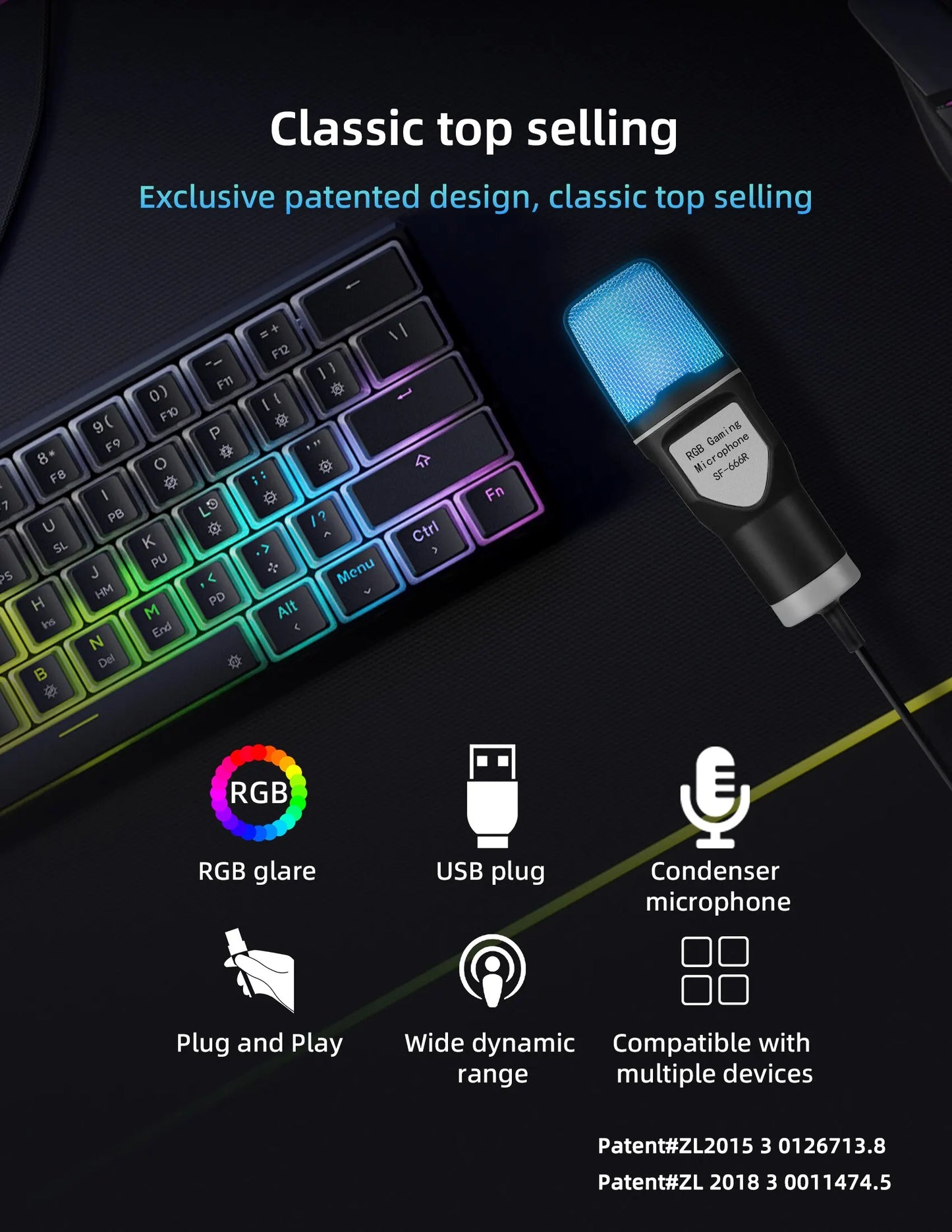 Micrófono USB portátil, micrófono RGB, condensador, micrófono para juegos con cable para estudio de grabación de Podcast, Streaming, portátil y de escritorio