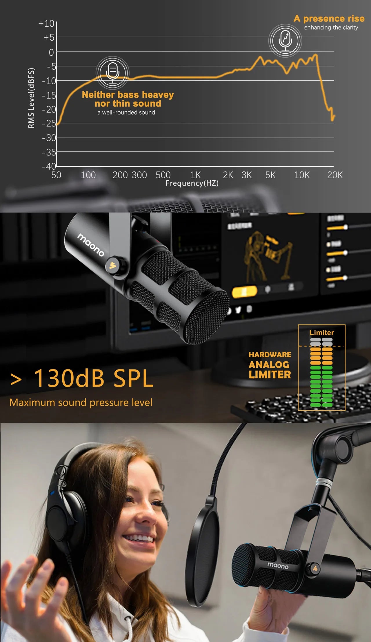 Maono USB/XLR Micrófono dinámico profesional Todo de metal con ganancia de silencio de un toque Conector para auriculares y control de volumen para Podcasting Live Streaming Youtube PD400X
