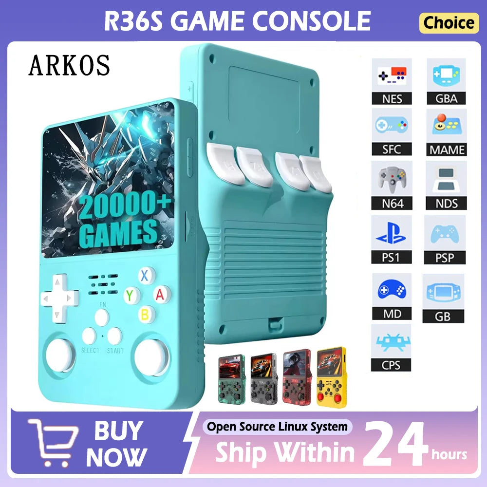 Consola de videojuegos portátil R36S, almacenamiento de pantalla IPS de 3,5 pulgadas, biblioteca de juegos 20000, sistema Arkos Linux, reproductor de bolsillo portátil