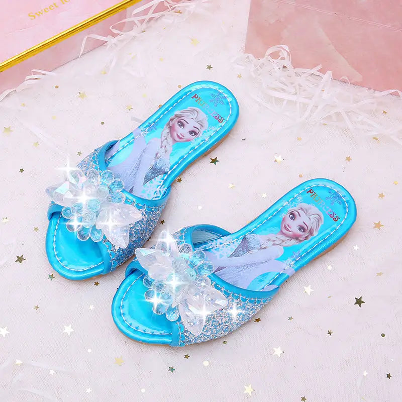 Sandalias Disney para niños, zapatillas de Frozen, zapatos de princesa Elsa a la moda, sandalias antideslizantes con flores de cristal, color azul, rosa y plateado