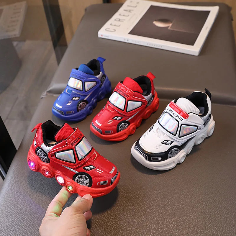 Diseny, zapatos informales para niños, zapatos de primavera de cuero PU con dibujos animados para Club de coches con luz Led para niños, zapatos antideslizantes rojos y azules, talla 21-30