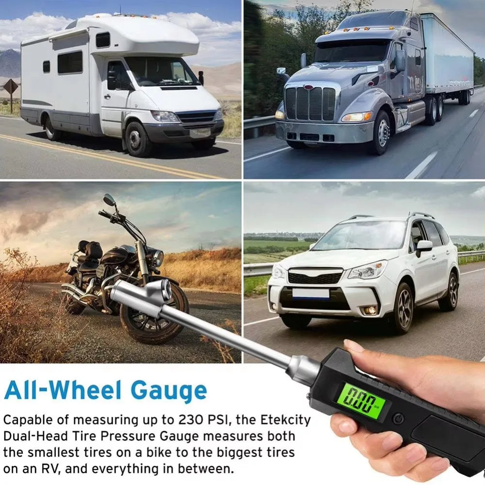 Manómetro digital de neumáticos 230 PSI 4 configuraciones resistente antideslizante con linterna LCD retroiluminada para camión/coche/bicicleta/motocicletas