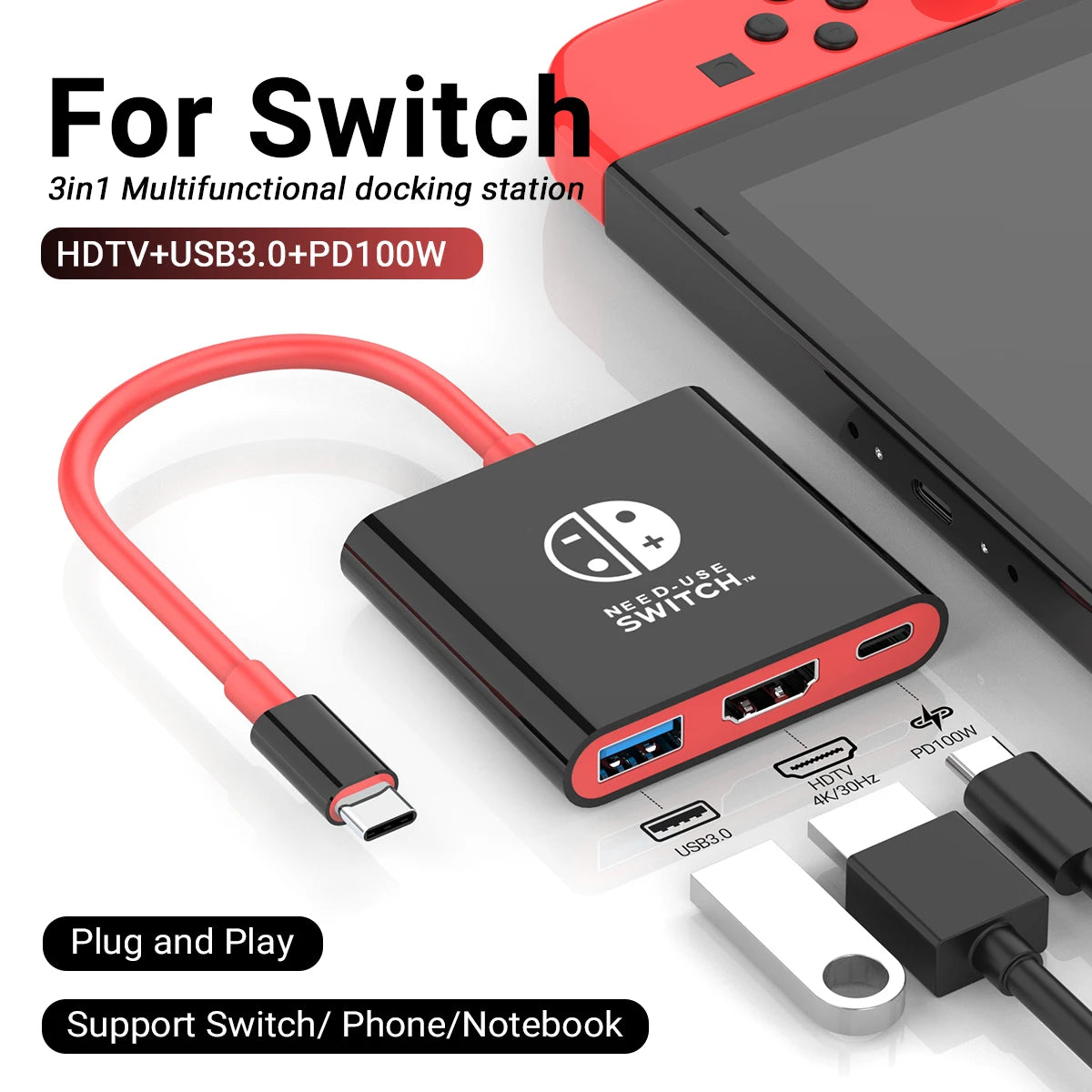 Estación de acoplamiento para juegos portátil Hub TYPE-C con HDMI y USB 3.0 Perfecto para viajes y juegos