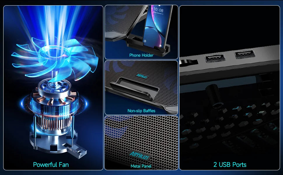 COOLCOOLD Almohadilla de enfriamiento para computadora portátil para soporte enfriador para computadora portátil de 12-17 pulgadas, 5 ventiladores silenciosos, 5 ángulos ajustables con soporte para teléfono