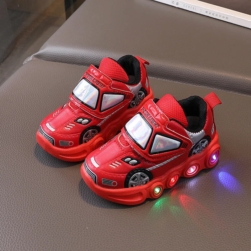 Diseny, zapatos informales para niños, zapatos de primavera de cuero PU con dibujos animados para Club de coches con luz Led para niños, zapatos antideslizantes rojos y azules, talla 21-30