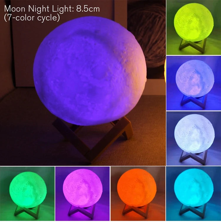 Lámpara de Luna de 8cm, luz LED nocturna alimentada por batería con soporte, lámpara estrellada, decoración de dormitorio, luces nocturnas, regalo para niños, lámpara de Luna