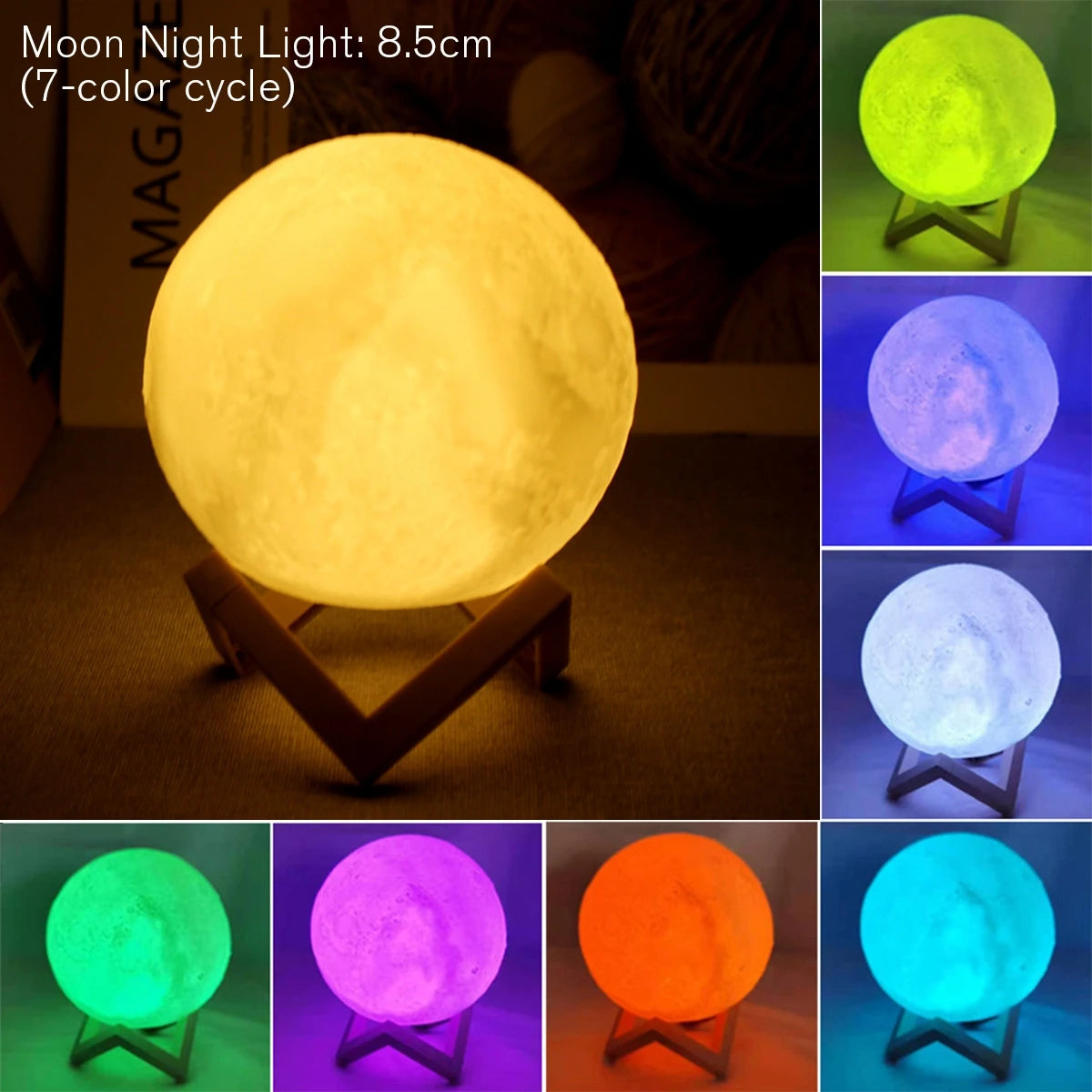 Lámpara de Luna de 8cm, luz LED nocturna alimentada por batería con soporte, lámpara estrellada, decoración de dormitorio, luces nocturnas, regalo para niños, lámpara de Luna