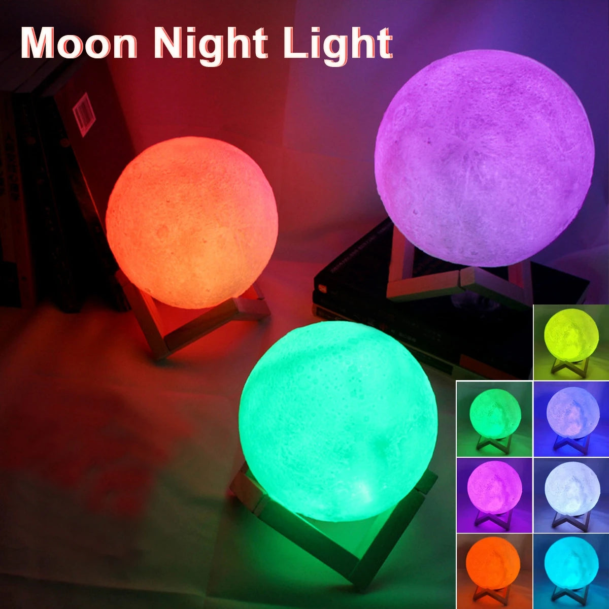 Lámpara de Luna de 8cm, luz LED nocturna alimentada por batería con soporte, lámpara estrellada, decoración de dormitorio, luces nocturnas, regalo para niños, lámpara de Luna