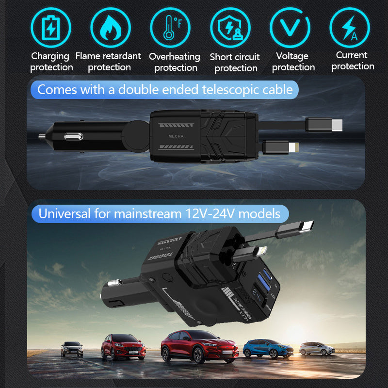 Retractable 4in 1 Fast Charging Car Charging Cable with 2pcs 3in 1 100W LED Digital Display USB cable, 4 Ports Car Charger Adapter for iPhone 15/14/13/12/11 for Galaxy Pixel and All iOS and for Android Devices - Safe and Reli