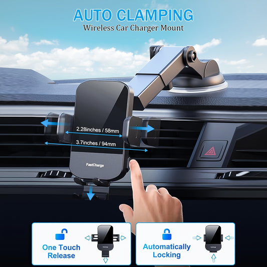 15W Rapid Wireless Car Charger, Automatic Clamping, Adjustable Phone Holder for Hands-Free Driving - Universal Compatibility with iPhone 15, 14, 13, 12, 11 Pro Max, Xs, Galaxy S24 Ultra, S23, S22, S21, S20, S10+