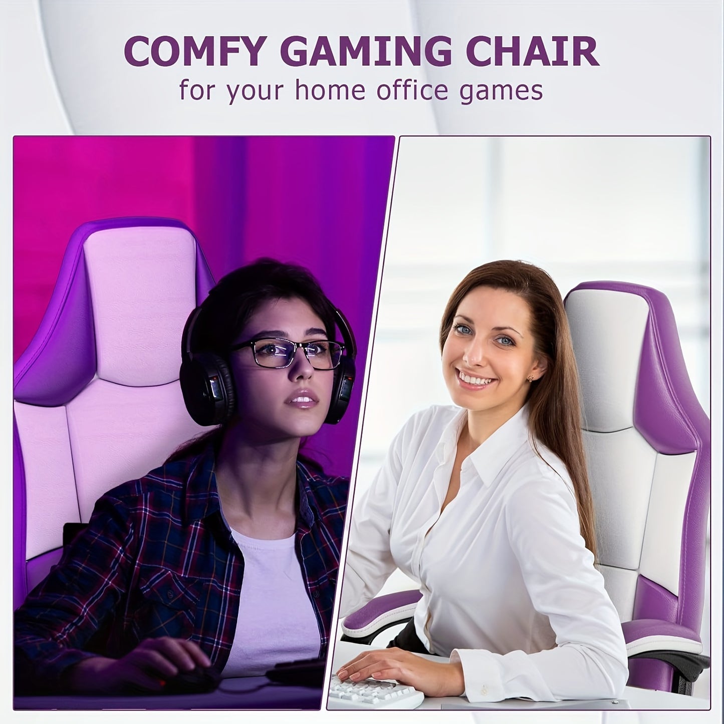 Ergonomic Gaming Chair, PU Leather Video Game Chairs for Adults, Reclining Gamer Chair Office Chair, Comfortable Computer Chair for Heavy People, Purple and White