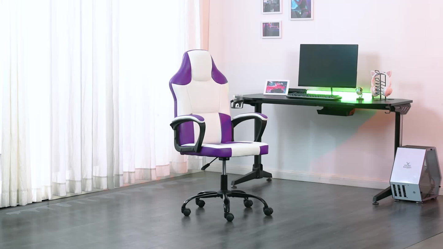 Ergonomic Gaming Chair, PU Leather Video Game Chairs for Adults, Reclining Gamer Chair Office Chair, Comfortable Computer Chair for Heavy People, Purple and White